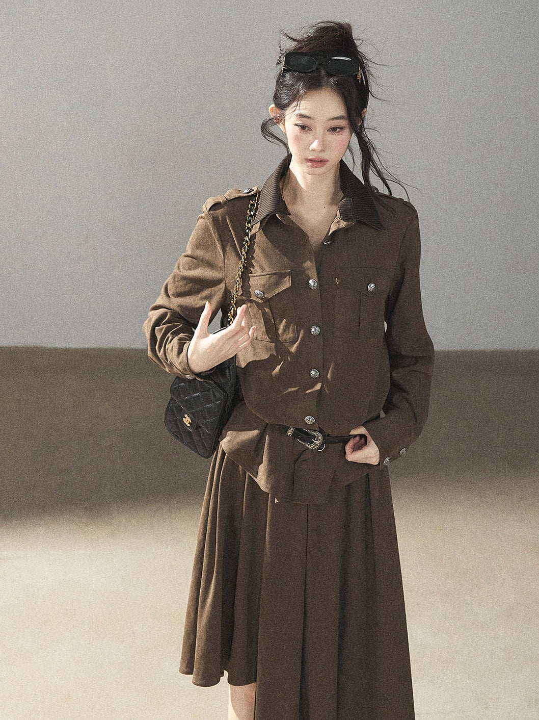 AOMALM - Terracotta Brown Shirt & Pleated Mini Skirt Set (With Belt)