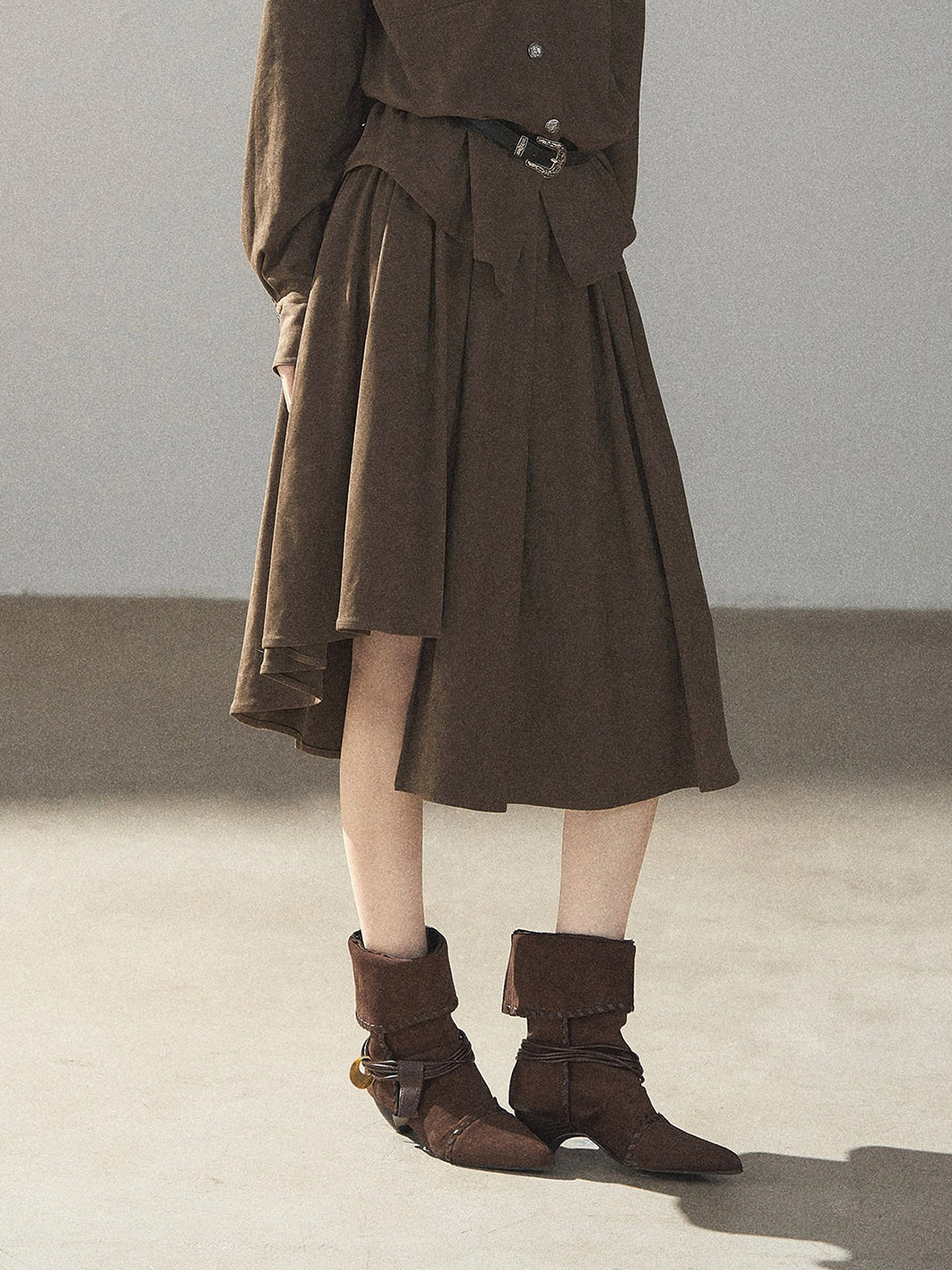 AOMALM - Terracotta Brown Shirt & Pleated Mini Skirt Set (With Belt)