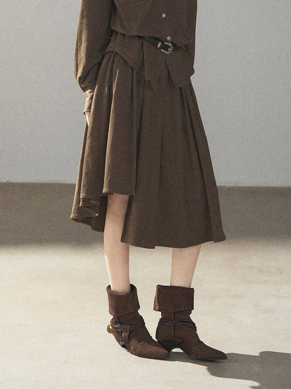 AOMALM - Terracotta Brown Shirt & Pleated Mini Skirt Set (With Belt)