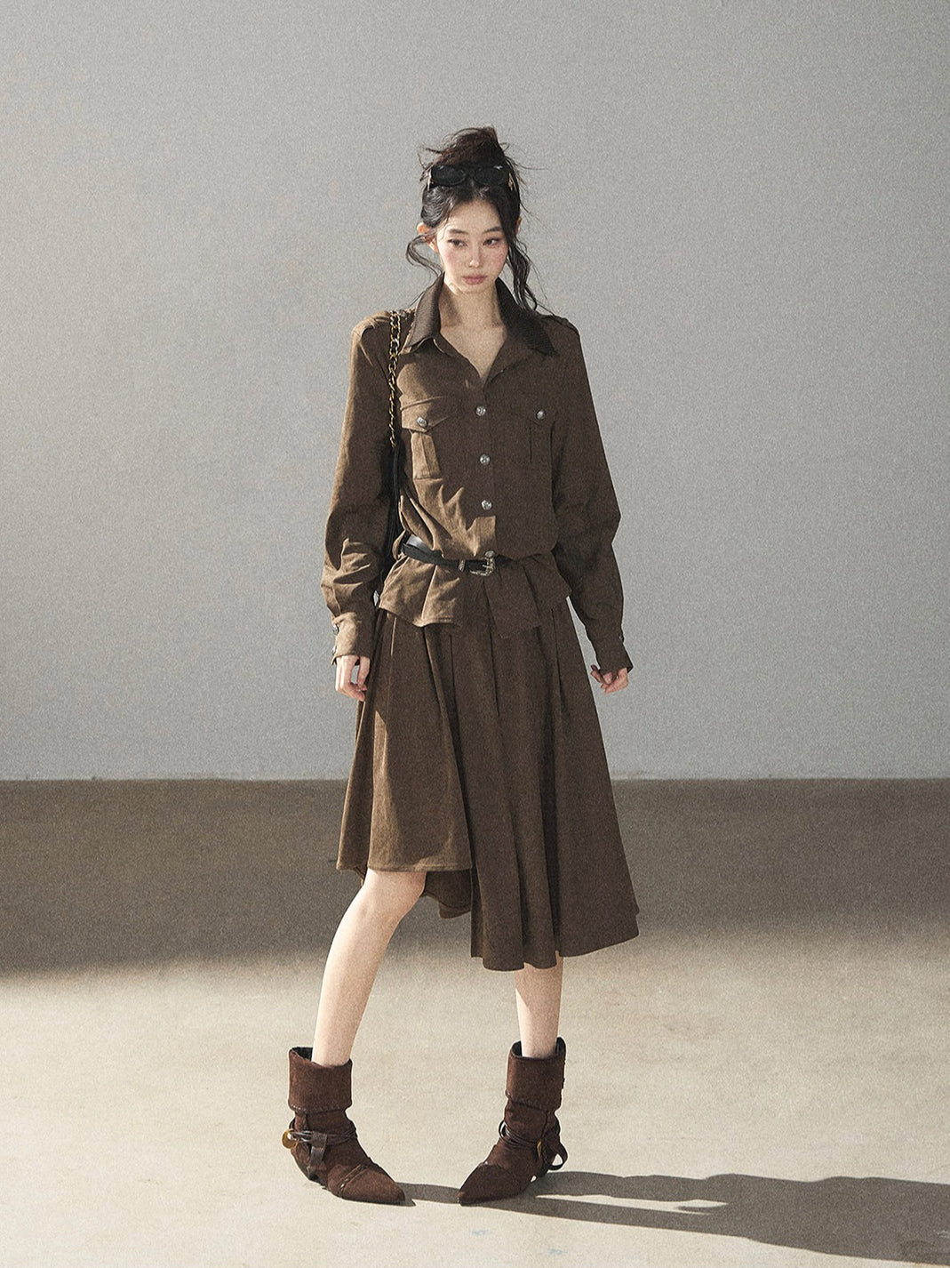 AOMALM - Terracotta Brown Shirt & Pleated Mini Skirt Set (With Belt)