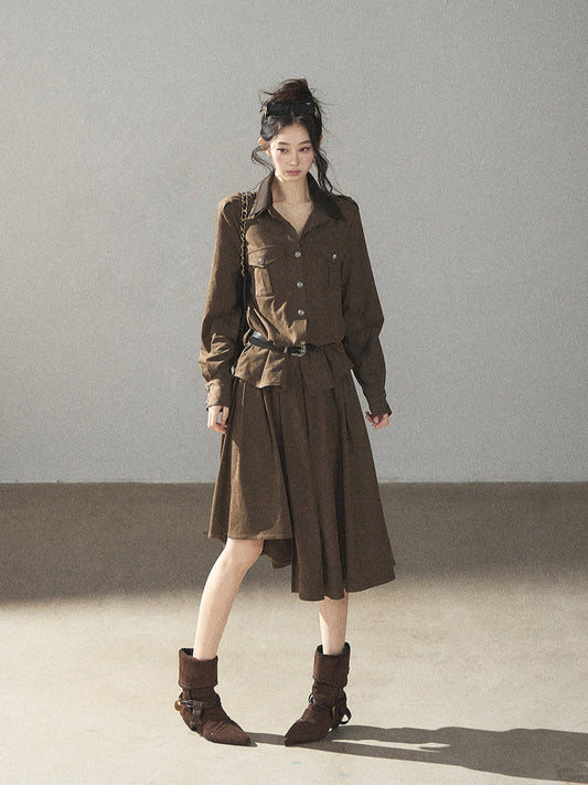 AOMALM - Terracotta Brown Shirt & Pleated Mini Skirt Set (With Belt)