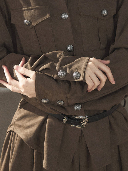 AOMALM - Terracotta Brown Shirt & Pleated Mini Skirt Set (With Belt)