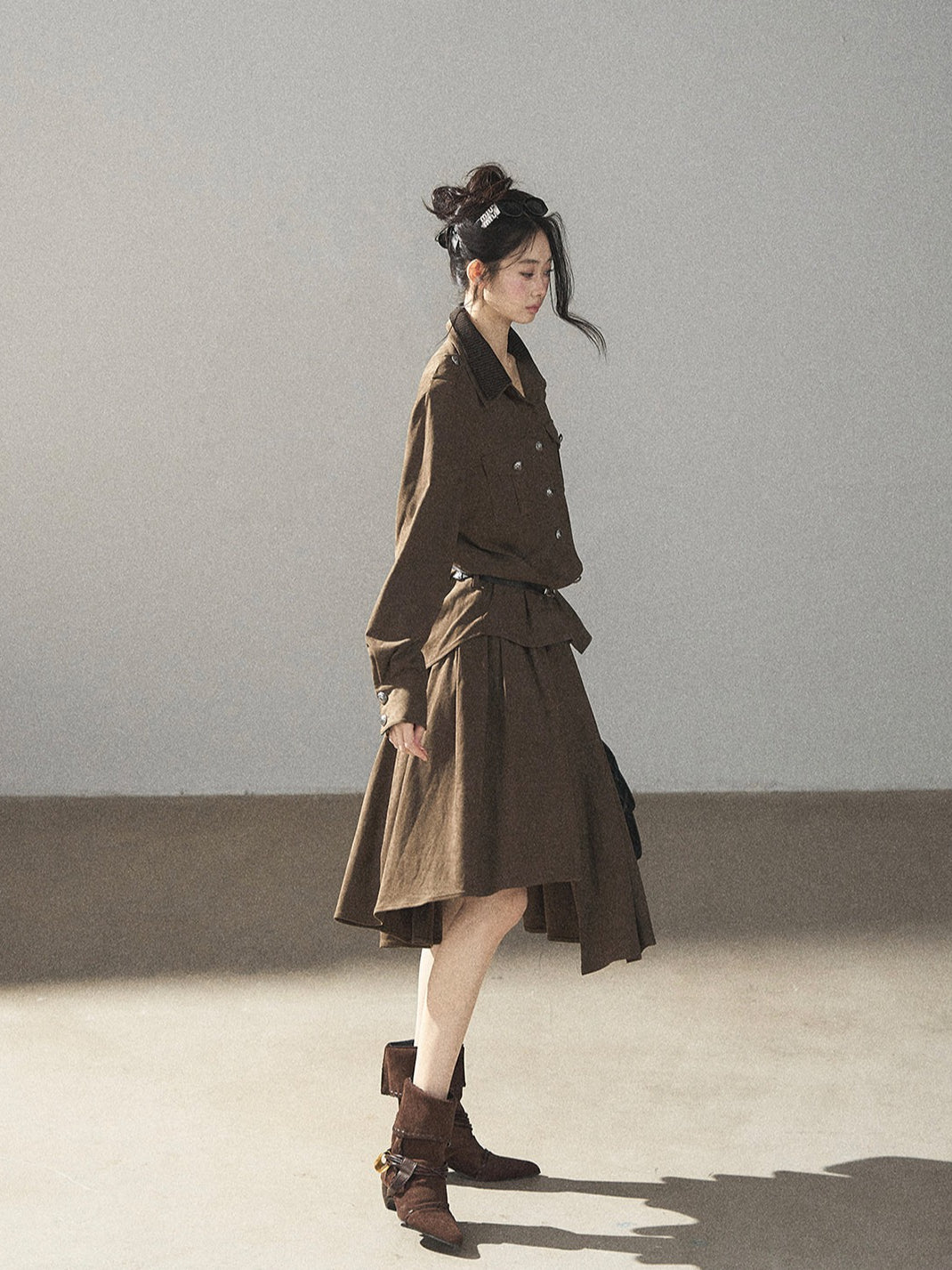 AOMALM - Terracotta Brown Shirt & Pleated Mini Skirt Set (With Belt)