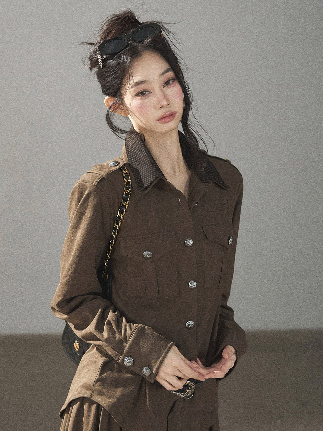 AOMALM - Terracotta Brown Shirt & Pleated Mini Skirt Set (With Belt)