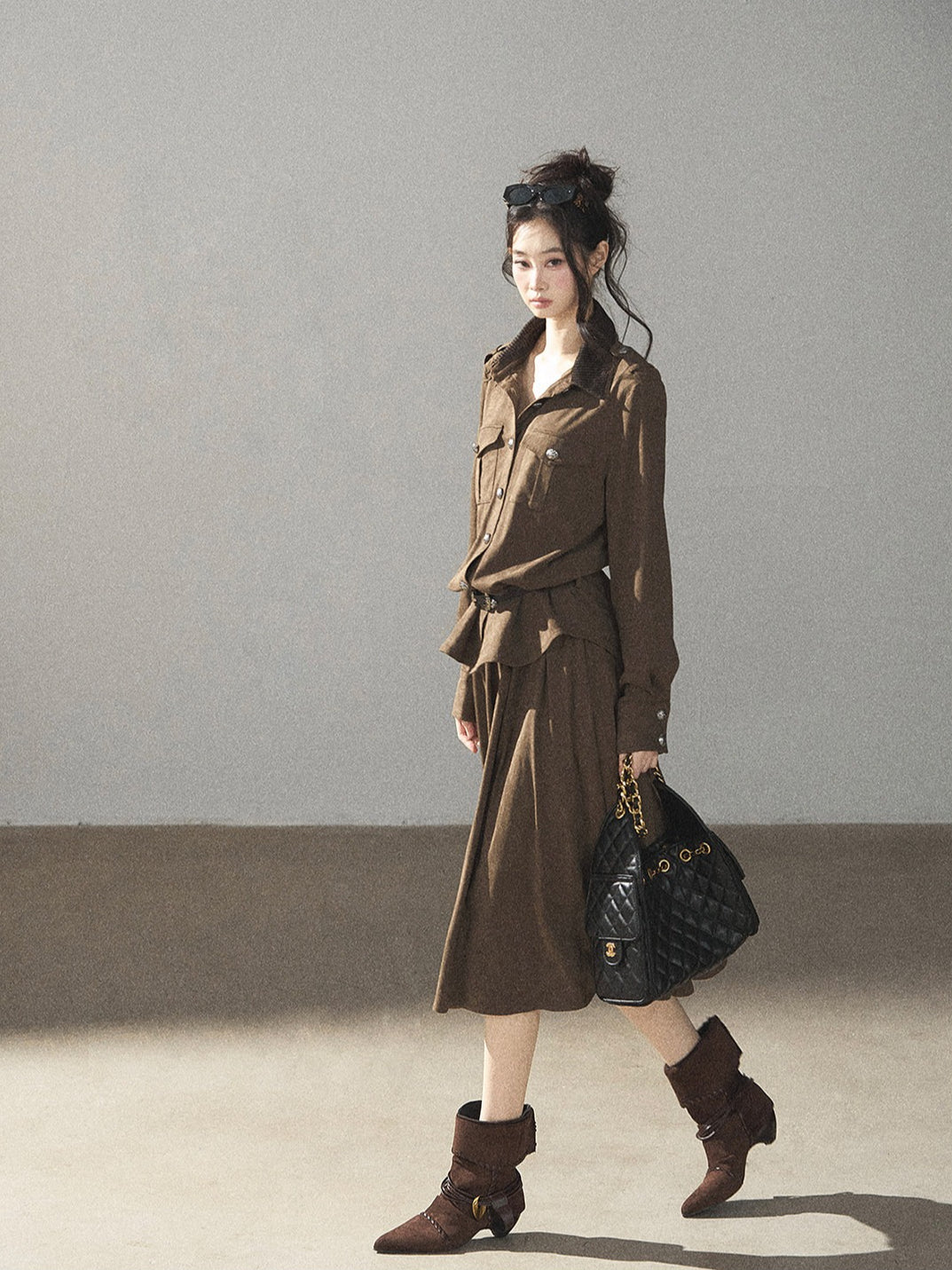 AOMALM - Terracotta Brown Shirt & Pleated Mini Skirt Set (With Belt)