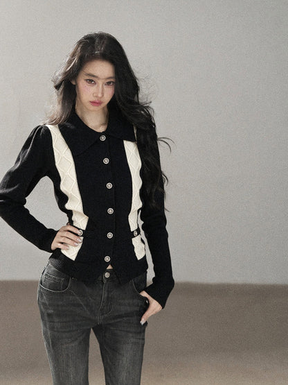 AOMALM - "Nocturne of Pine & Cypress" Black & White Contrast Knit Cardigan with Notched Collar