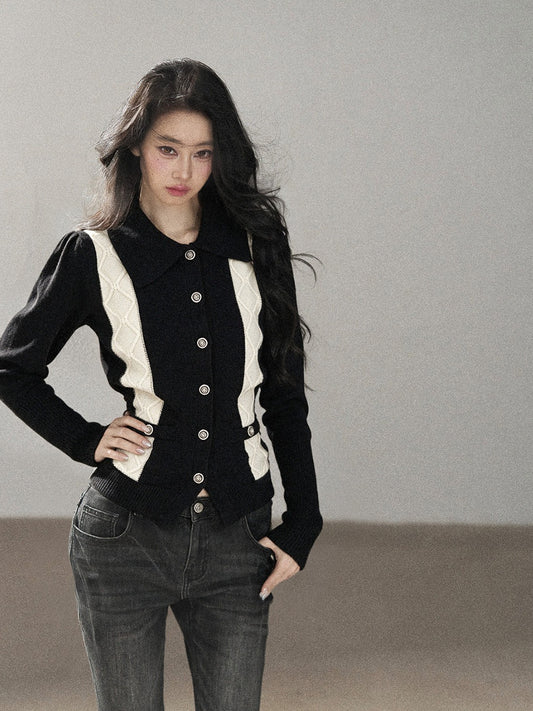 AOMALM - "Nocturne of Pine & Cypress" Black & White Contrast Knit Cardigan with Notched Collar