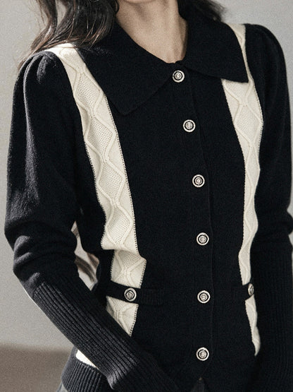AOMALM - "Nocturne of Pine & Cypress" Black & White Contrast Knit Cardigan with Notched Collar
