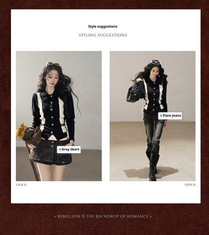 AOMALM - "Nocturne of Pine & Cypress" Black & White Contrast Knit Cardigan with Notched Collar