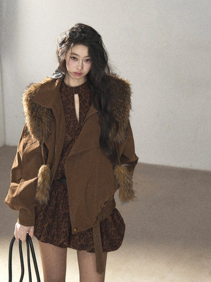 AOMALM - “Velvet Collar in the Evening Breeze” Chestnut Brown Faux Fur Shawl