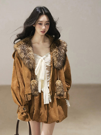AOMALM - “Velvet Collar in the Evening Breeze” Chestnut Brown Faux Fur Shawl