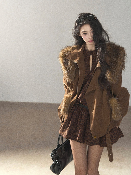 AOMALM - “Velvet Collar in the Evening Breeze” Chestnut Brown Faux Fur Shawl