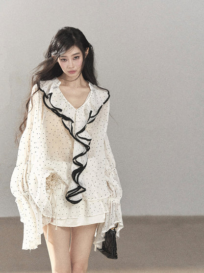 AOMALM - "Gossamer Moonlight" Pearl Shell Chiffon Top & Mini Skirt Set (With Tie & Flower)