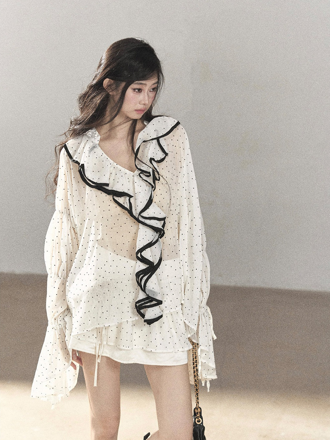 AOMALM - "Gossamer Moonlight" Pearl Shell Chiffon Top & Mini Skirt Set (With Tie & Flower)