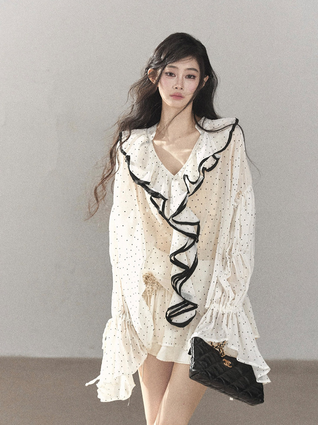 AOMALM - "Gossamer Moonlight" Pearl Shell Chiffon Top & Mini Skirt Set (With Tie & Flower)