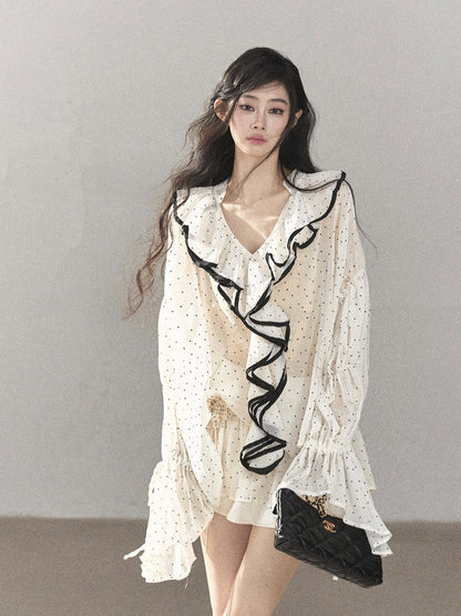AOMALM - "Gossamer Moonlight" Pearl Shell Chiffon Top & Mini Skirt Set (With Tie & Flower)