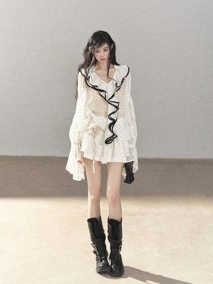 AOMALM - "Gossamer Moonlight" Pearl Shell Chiffon Top & Mini Skirt Set (With Tie & Flower)