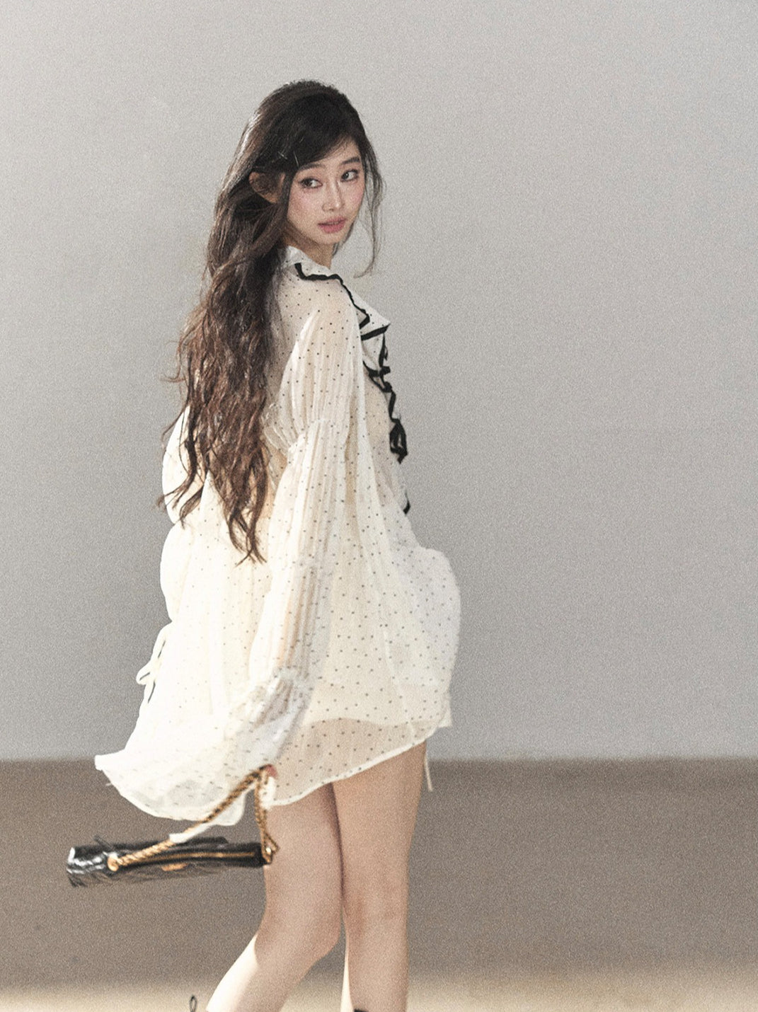 AOMALM - "Gossamer Moonlight" Pearl Shell Chiffon Top & Mini Skirt Set (With Tie & Flower)