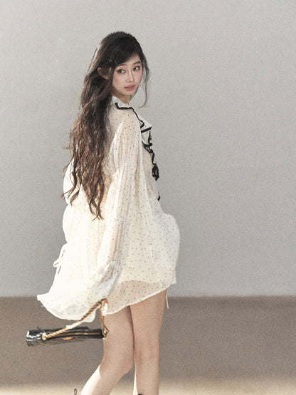 AOMALM - "Gossamer Moonlight" Pearl Shell Chiffon Top & Mini Skirt Set (With Tie & Flower)
