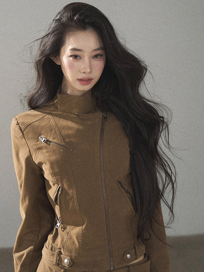 AOMALM - "Olive Autumn" Brown Faux Leather Jacket & Pleated Skirt Set