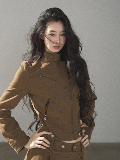 AOMALM - "Olive Autumn" Brown Faux Leather Jacket & Pleated Skirt Set