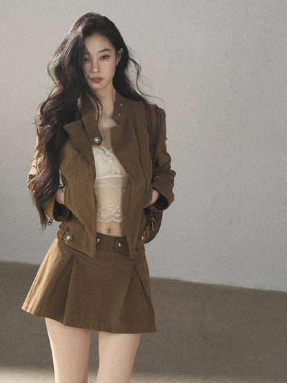 AOMALM - "Olive Autumn" Brown Faux Leather Jacket & Pleated Skirt Set
