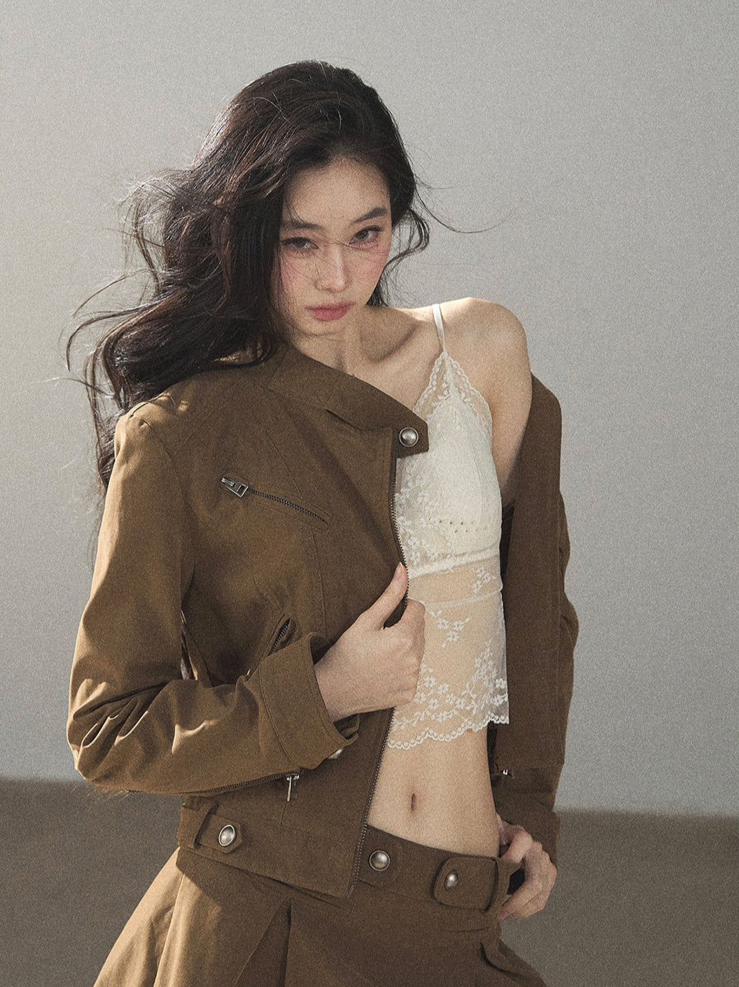 AOMALM - "Olive Autumn" Brown Faux Leather Jacket & Pleated Skirt Set