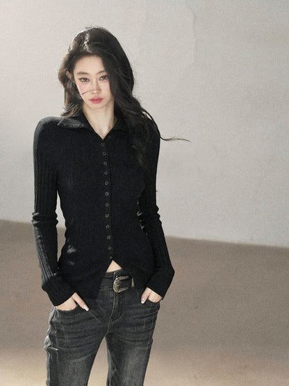 AOMALM - "Autumn in Every Stitch" Quiet Black Ribbed Knit Cardigan