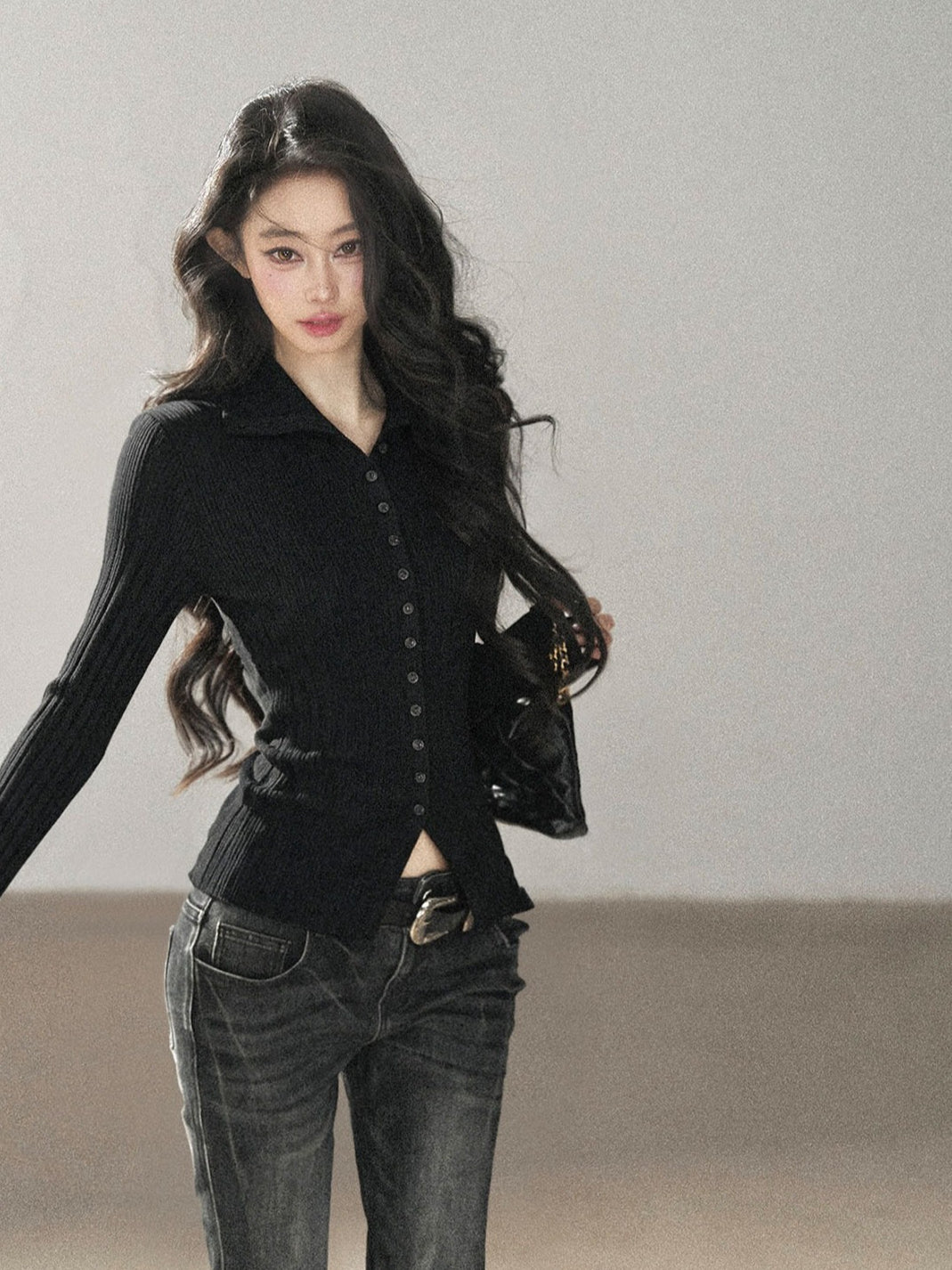 AOMALM - "Autumn in Every Stitch" Quiet Black Ribbed Knit Cardigan