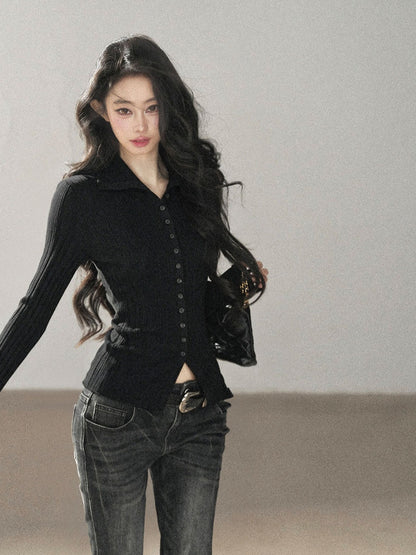 AOMALM - "Autumn in Every Stitch" Quiet Black Ribbed Knit Cardigan