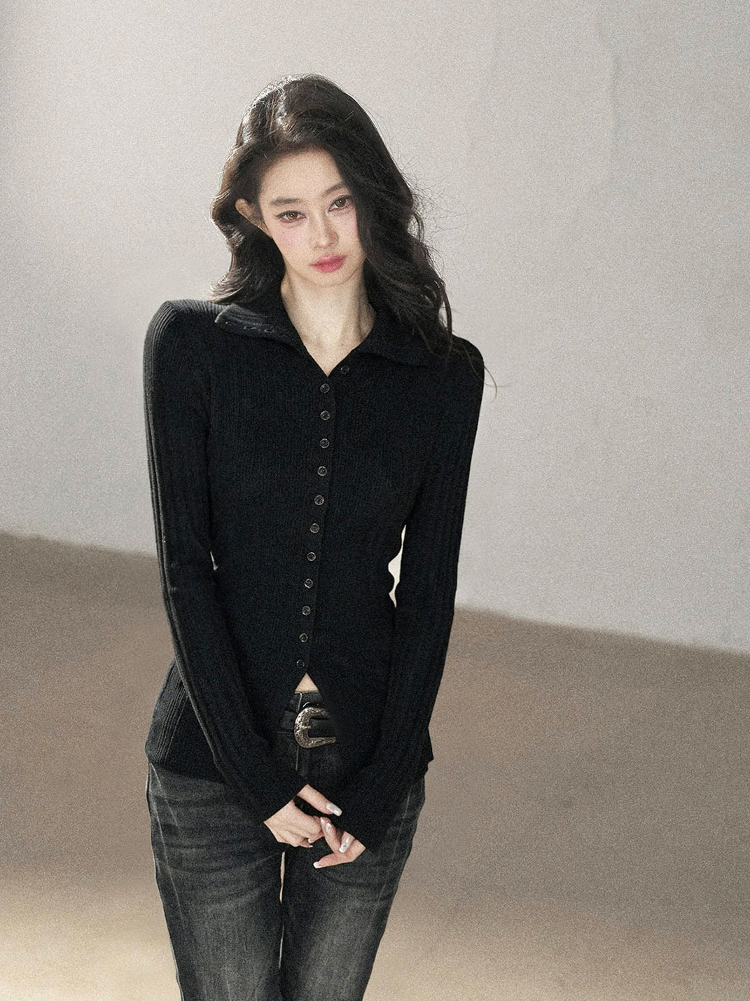 AOMALM - "Autumn in Every Stitch" Quiet Black Ribbed Knit Cardigan