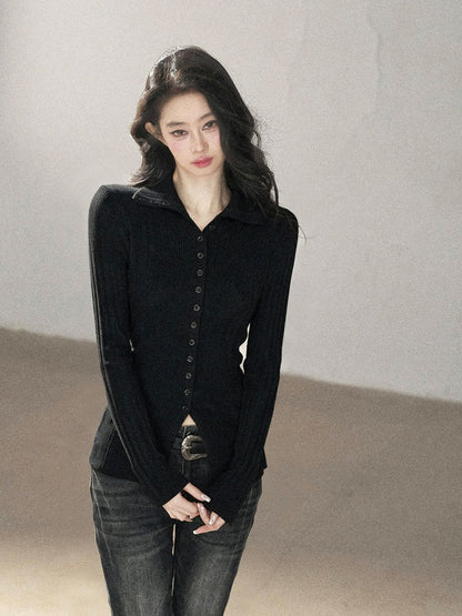 AOMALM - "Autumn in Every Stitch" Quiet Black Ribbed Knit Cardigan