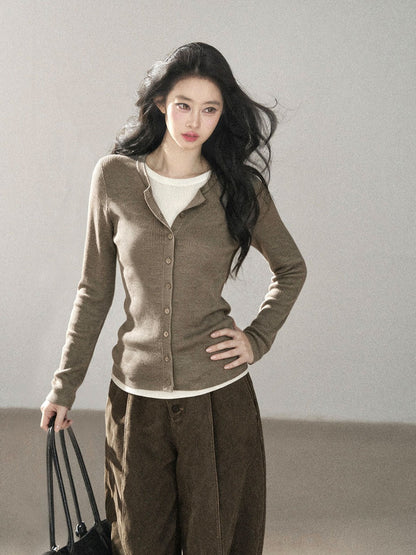 AOMALM - "Autumn in Every Stitch" Milk Tea Ribbed Knit Top