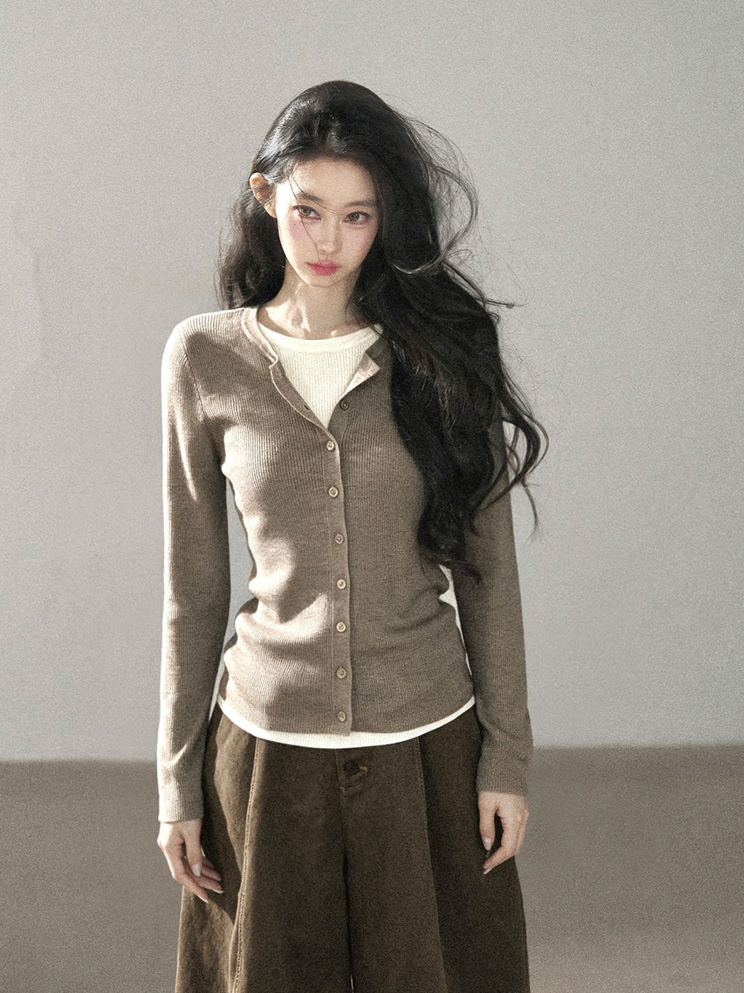 AOMALM - "Autumn in Every Stitch" Milk Tea Ribbed Knit Top