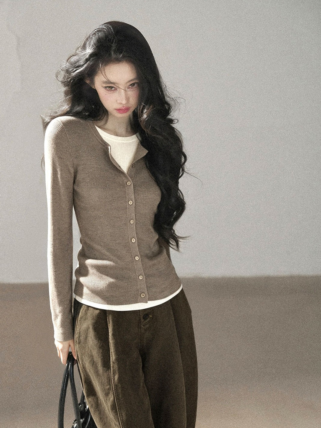 AOMALM - "Autumn in Every Stitch" Milk Tea Ribbed Knit Top