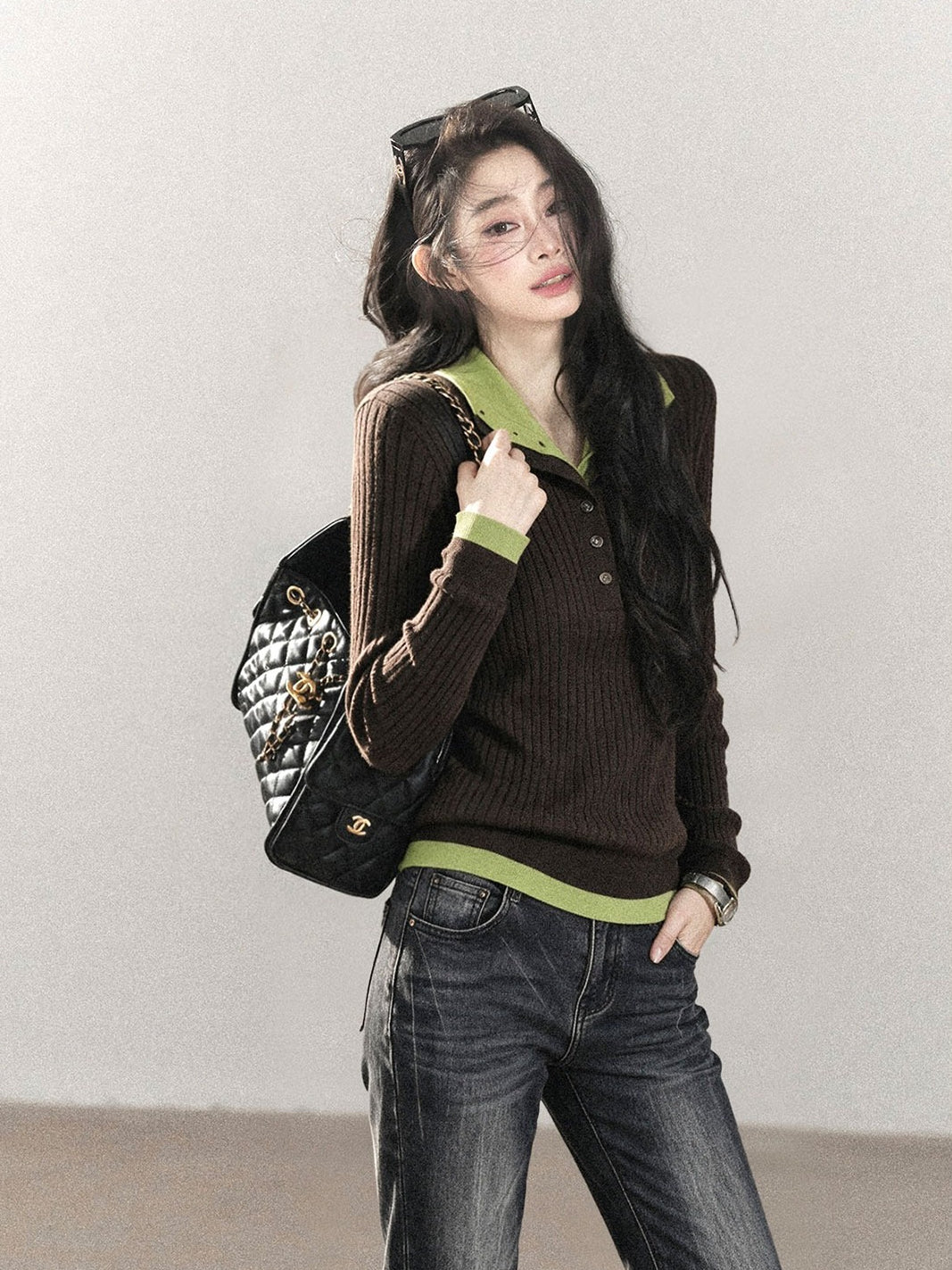 AOMALM - "Autumn in Every Stitch" Chestnut Brown Contrast-Collar Knit Top