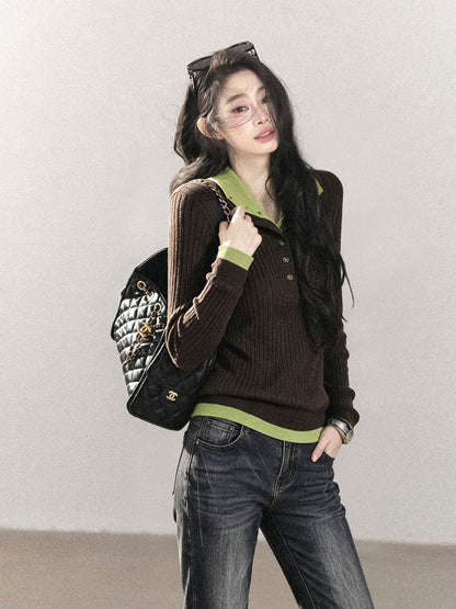 AOMALM - "Autumn in Every Stitch" Chestnut Brown Contrast-Collar Knit Top