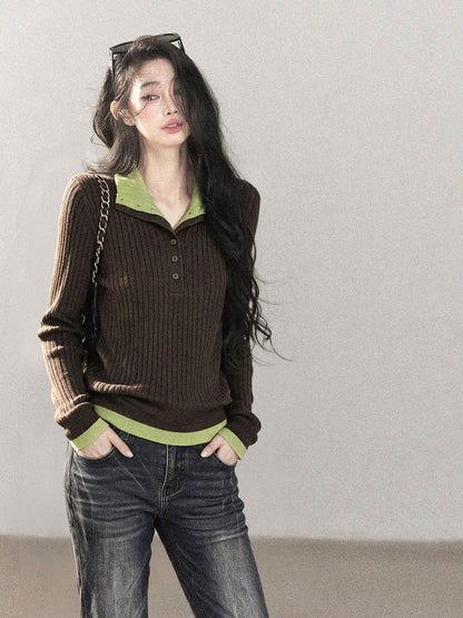 AOMALM - "Autumn in Every Stitch" Chestnut Brown Contrast-Collar Knit Top