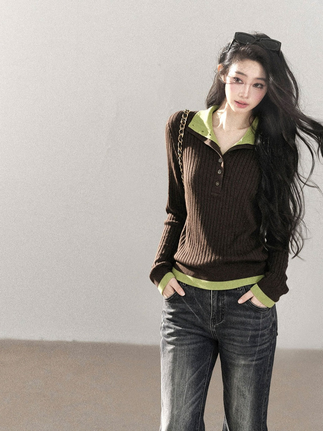 AOMALM - "Autumn in Every Stitch" Chestnut Brown Contrast-Collar Knit Top