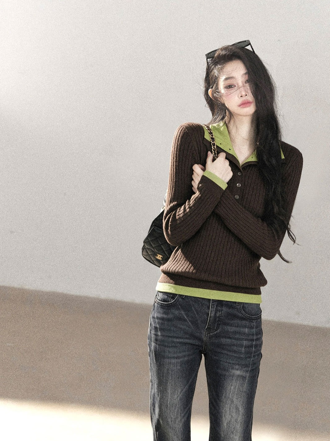AOMALM - "Autumn in Every Stitch" Chestnut Brown Contrast-Collar Knit Top