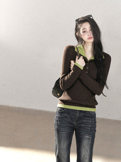 AOMALM - "Autumn in Every Stitch" Chestnut Brown Contrast-Collar Knit Top