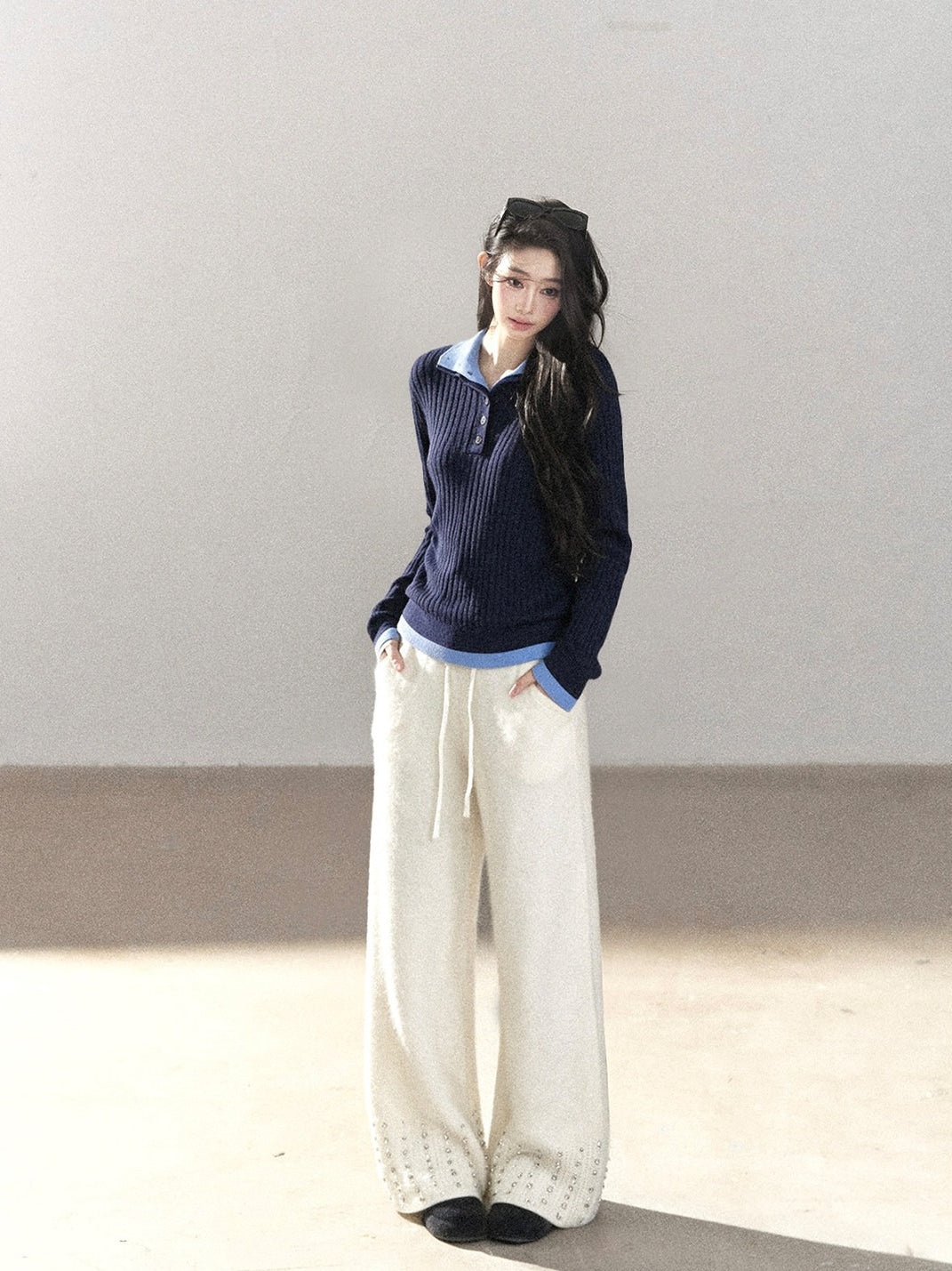 AOMALM - "Autumn in Every Stitch" Blue Contrast-Collar Knit Top