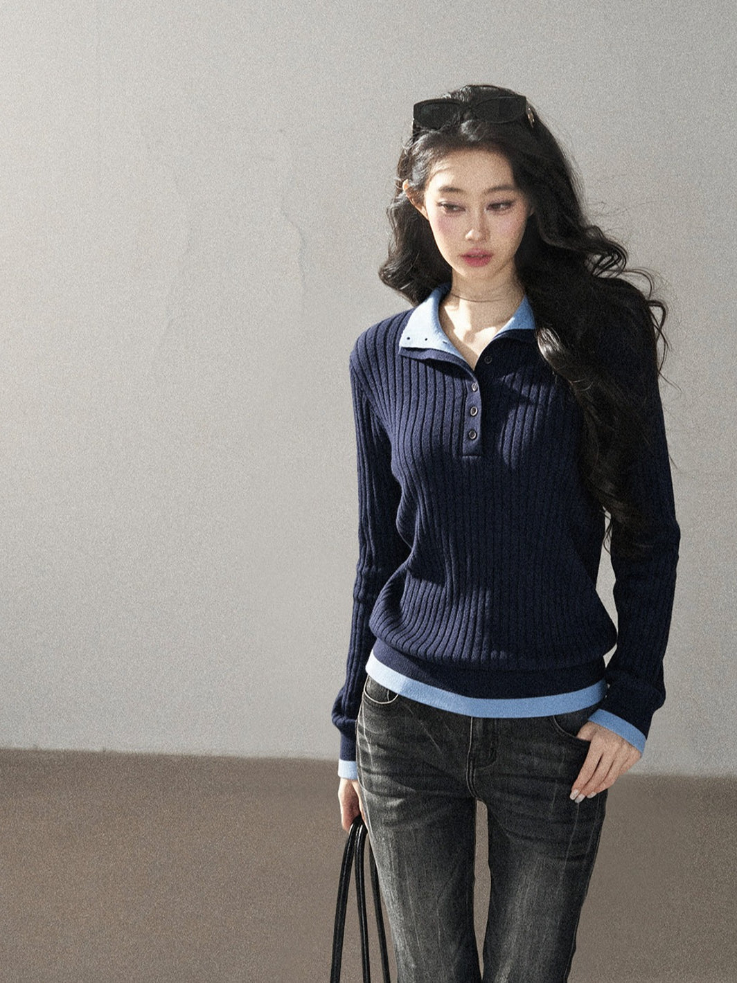 AOMALM - "Autumn in Every Stitch" Blue Contrast-Collar Knit Top