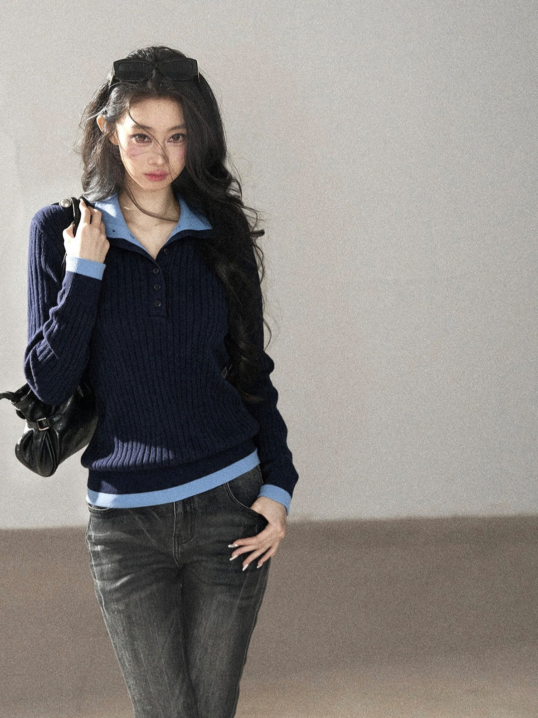 AOMALM - "Autumn in Every Stitch" Blue Contrast-Collar Knit Top