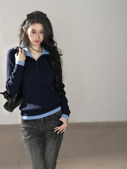 AOMALM - "Autumn in Every Stitch" Blue Contrast-Collar Knit Top