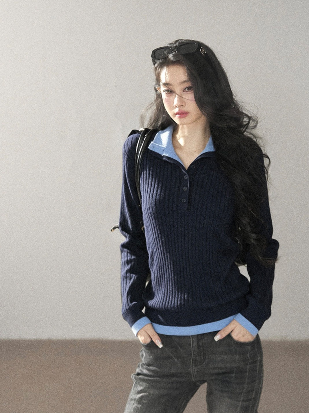 AOMALM - "Autumn in Every Stitch" Blue Contrast-Collar Knit Top
