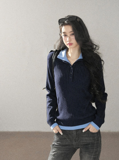 AOMALM - "Autumn in Every Stitch" Blue Contrast-Collar Knit Top