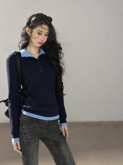 AOMALM - "Autumn in Every Stitch" Blue Contrast-Collar Knit Top
