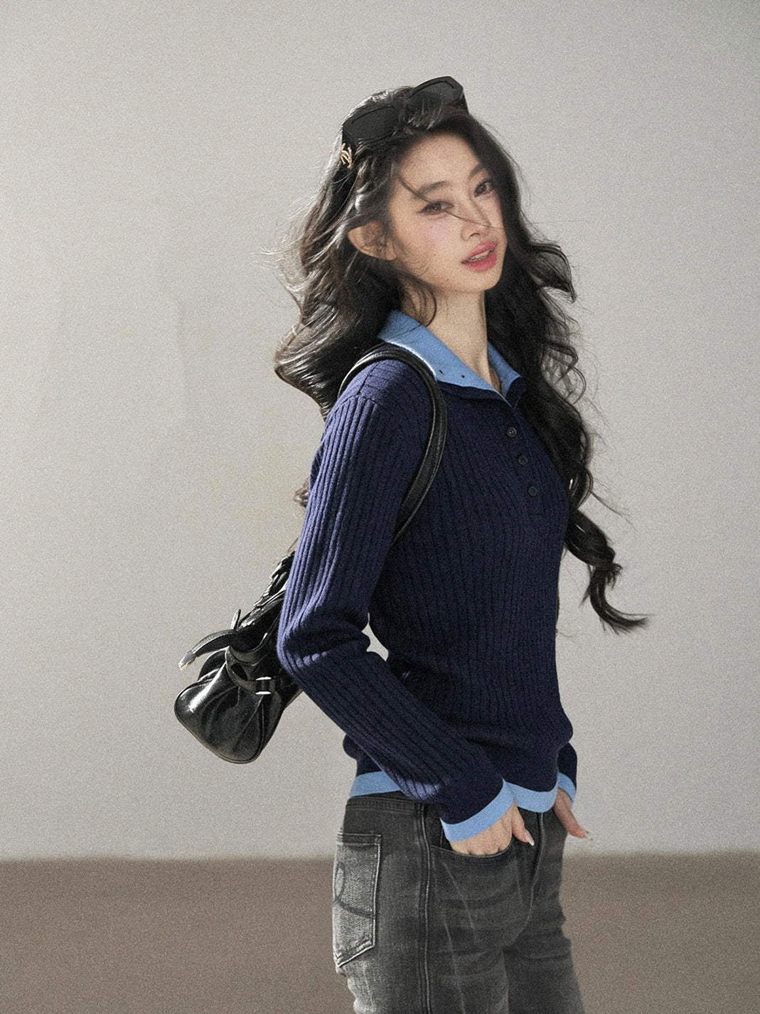 AOMALM - "Autumn in Every Stitch" Blue Contrast-Collar Knit Top