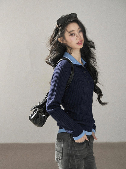 AOMALM - "Autumn in Every Stitch" Blue Contrast-Collar Knit Top